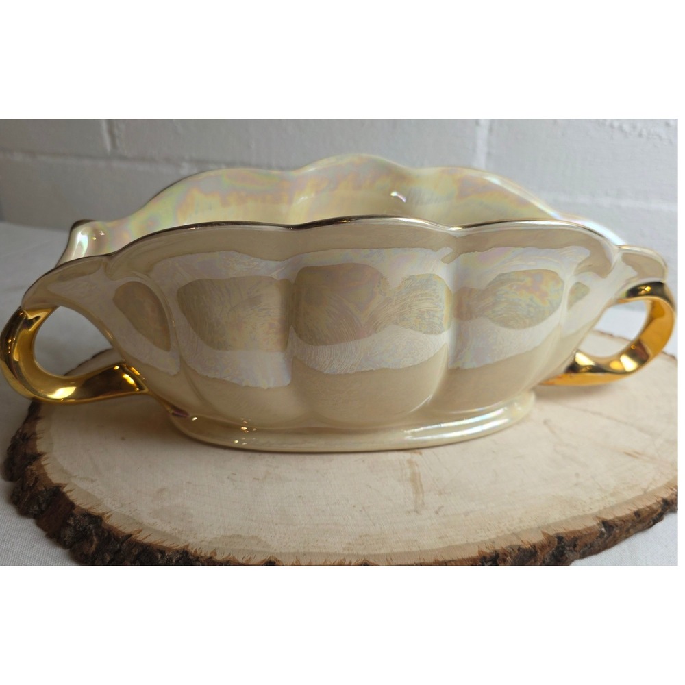 1940s Pearl China Iridescent Console Bowl Scalloped 22K Gold Plated Trim Handles - Picture 8 of 10